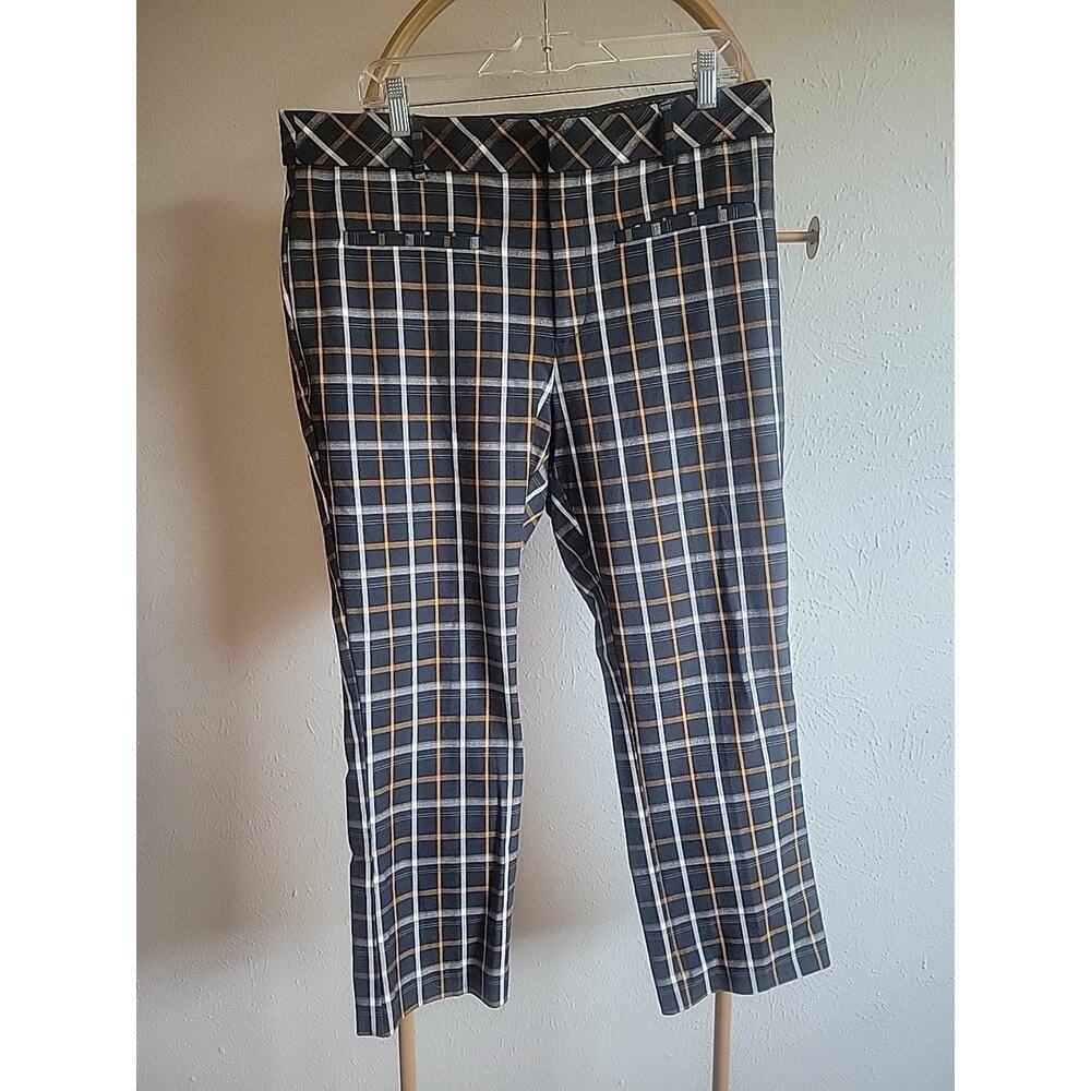 Anthropologie Black White Orange Plaid Pants Trouser Straight Leg Crop Sz US 14